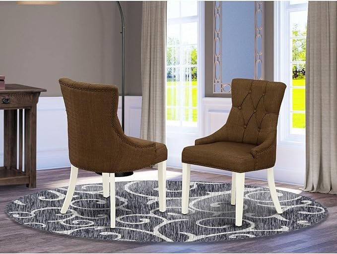 East West Furniture FRP2T18 Friona Parsons Dining Chairs - Button Tufted Nailhead Trim Brown Linen Linen Fabric Upholstered Chairs, Set of 2, Linen White