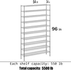14" Deep x 54" Wide x 96" Height Wire Shelving Kit | 10-Tier | NSF Commercial Storage Rack Unit