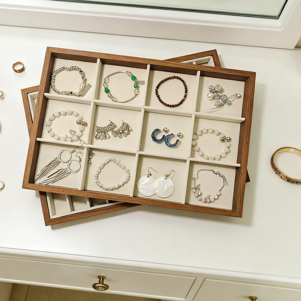 Large Jewelry Trays for Drawers Stackable Velvet Jewelry Display for Vendors Jewelry Drawer Organizer Inserts for Rings Necklace Bracelets Earrings and Studs Earring (Beige, 12 Grid)