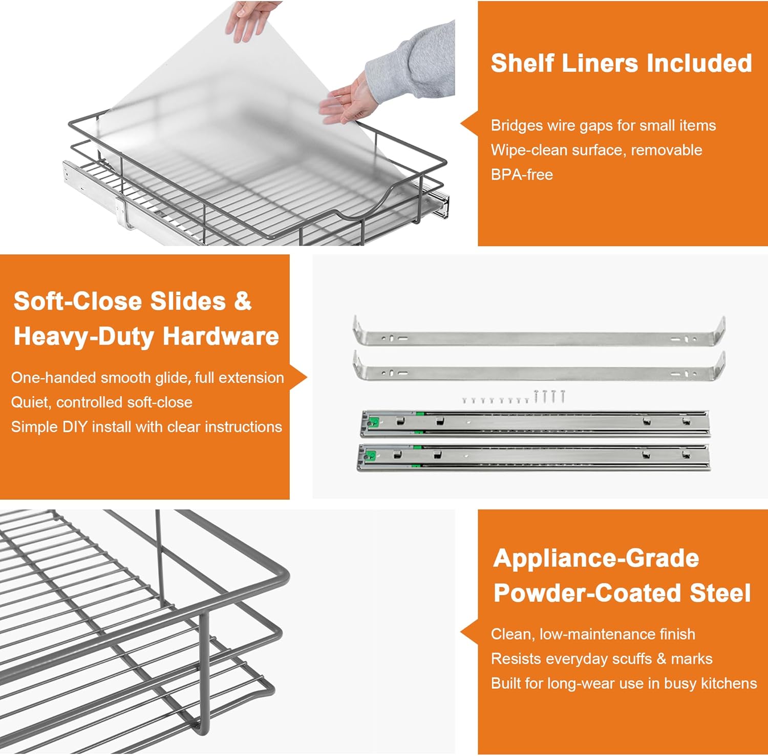 ALINE FURNITURE Pull Out Shelves - 20" W x 22" D Soft Close Pull Out Cabinet Organizer 1 Tier - Slide Out Drawers with Shelf Liner, Heavy Duty Steel Wire Baskets for Kitchen Cabinets, Pantry, Bathroom