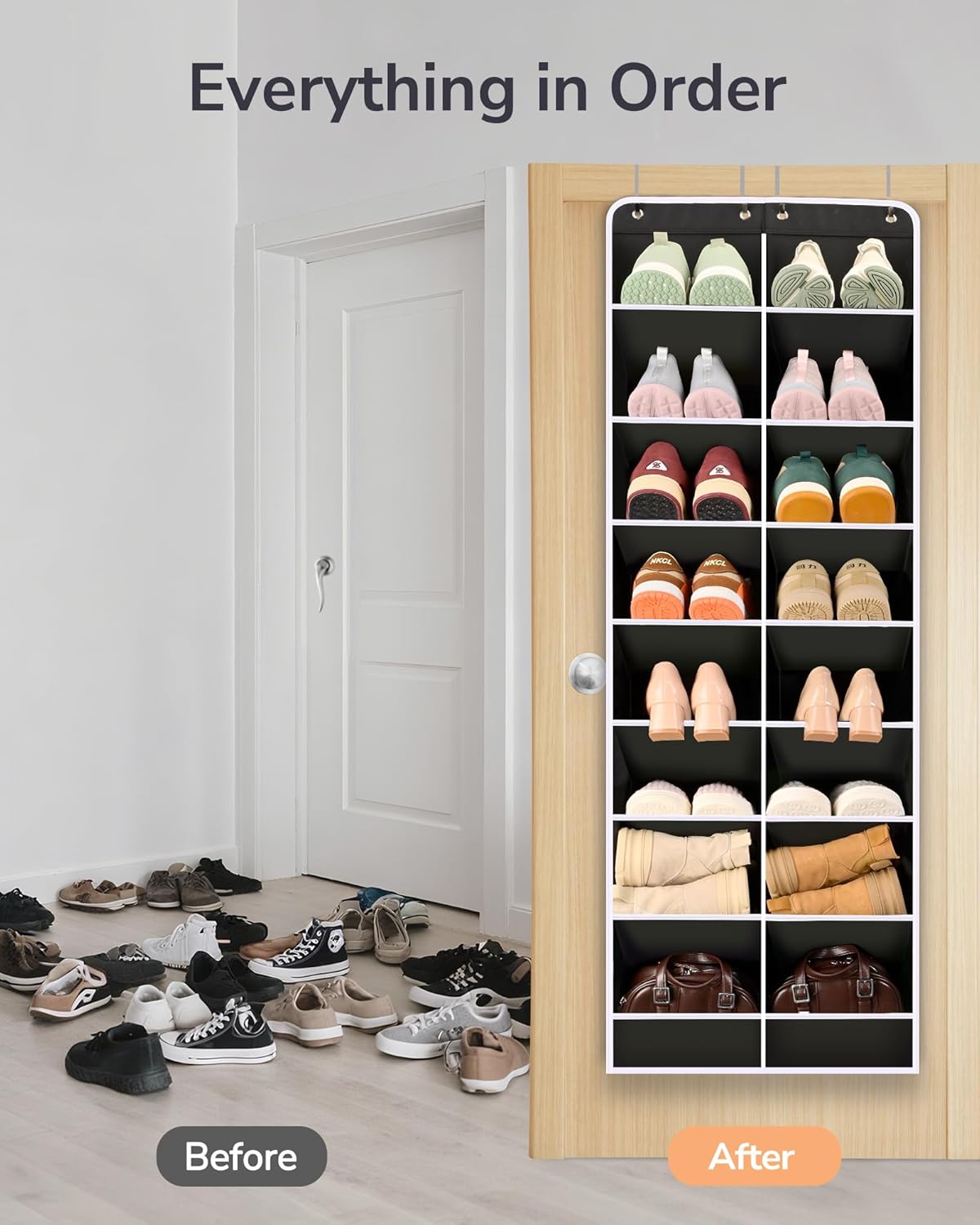 ULG Over The Door Shoe Organizer with 16 Large Pockets, Hanging Shoe Rack for Closet Door, Space Saving Shoe Storage Black