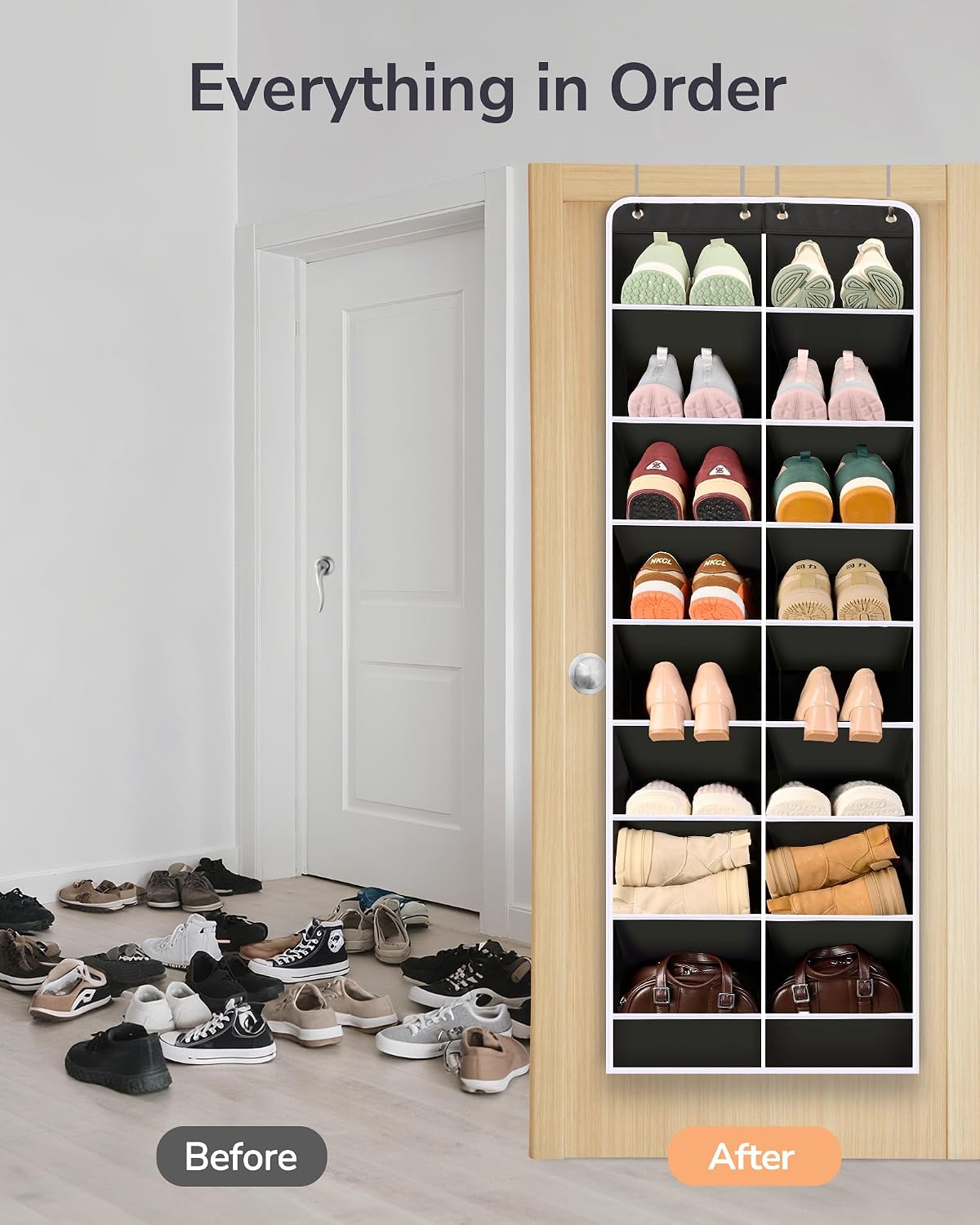 ULG Over The Door Shoe Organizer with 16 Large Pockets, Hanging Shoe Rack for Closet Door, Space Saving Shoe Storage Black