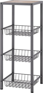 TRINITY 4-Tier Freestanding Metal Shelving Rack with Wire Baskets, Wood Top, and Adjustable Feet, 12"x12"x30", Dark Gray + Oak Brown Top