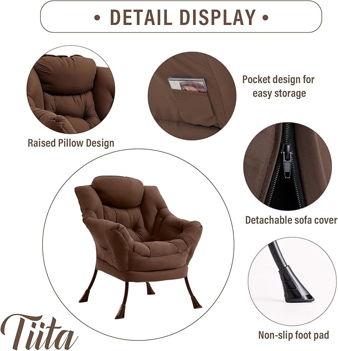 Tiita Lazy Chair, Modern Large Accent Lounge Armchair, Comfy Leisure Sofa Reading Chair with Footrest for Bedroom, Living Room, Dorm Rooms, Garden and Courtyard, Brown
