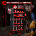 KAFAHOM Power Tool Organizer, Large 8 Drill Holder Wall Mount with 2 Side Pegboards,5 Layer Heavy Duty Metal Tool Storage Rack, Tool Shelf for Garage Organization, Utility Battery Shelves - Red