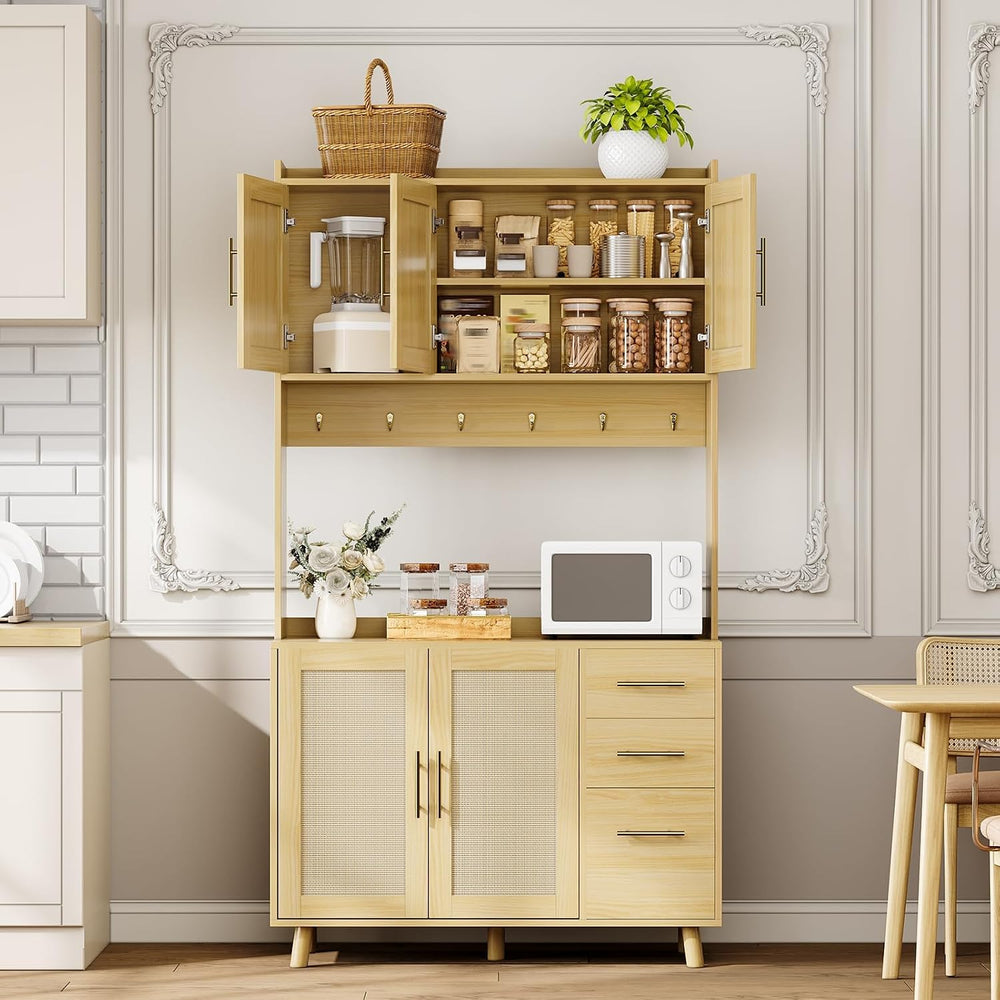 71" Tall Farmhouse Pantry Cabinet with Rattan Doors & Drawers, Frees...