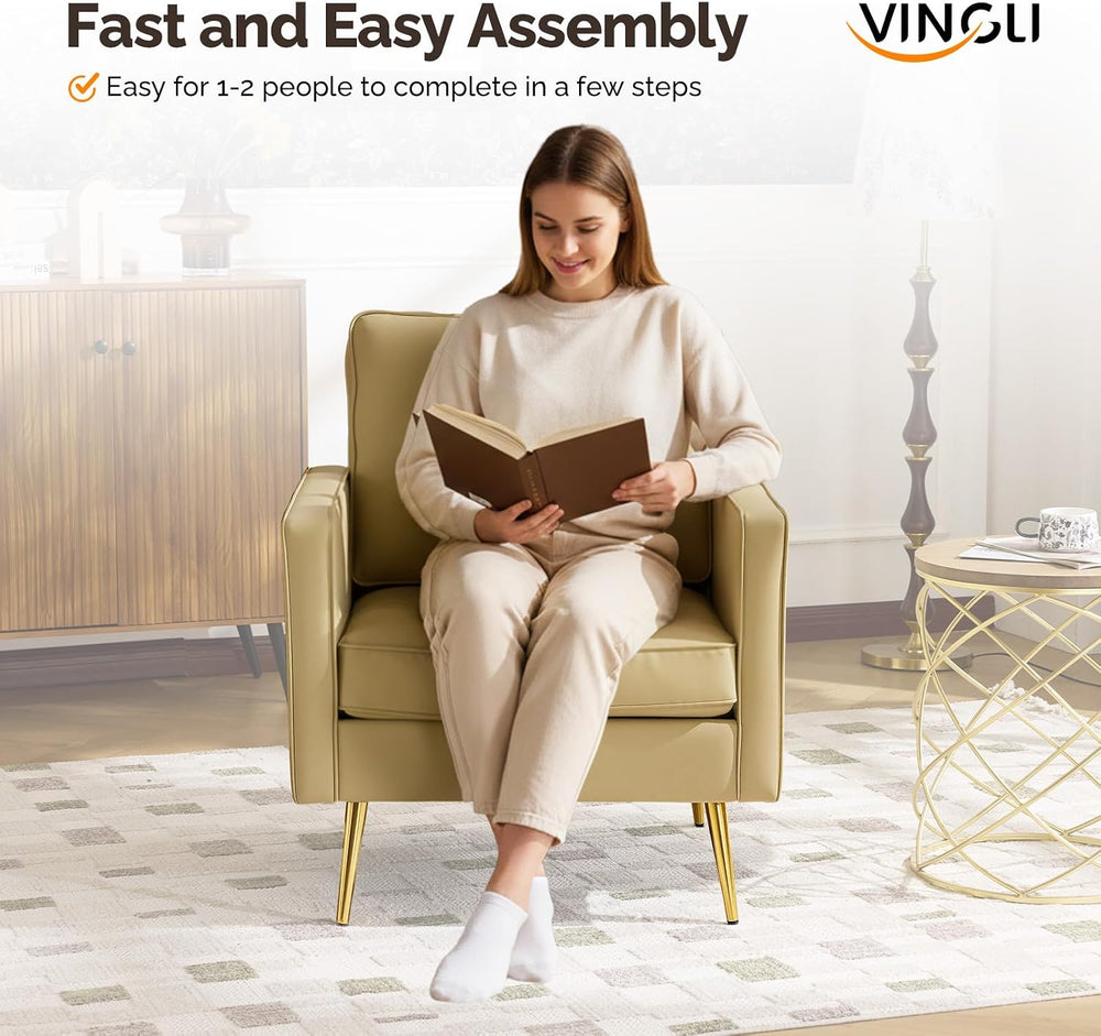 VINGLI Faux Leather Accent Chairs Set of 2 with Gold Legs for Living Room | B...