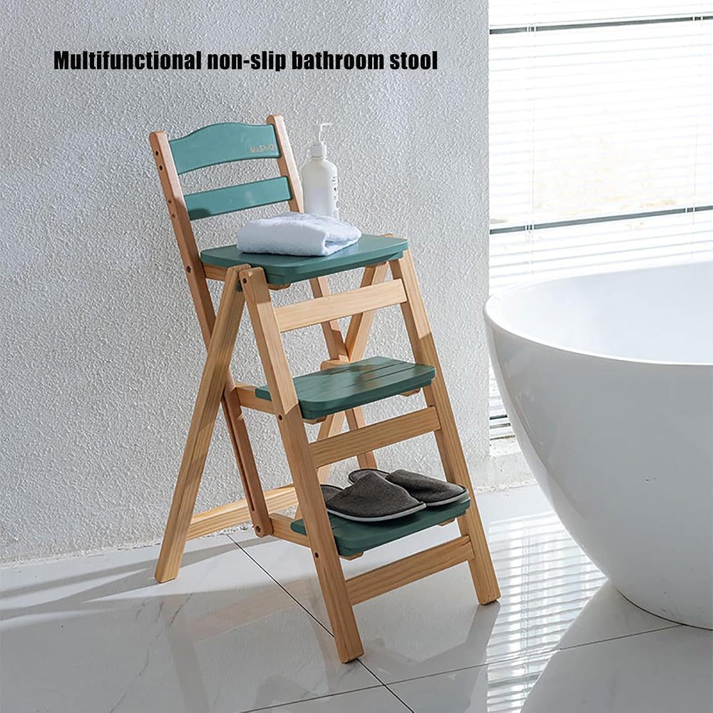Folding Bar Stool 3 Step Ladder Stool,Solid Wood Counter Height Foldable Stoo...