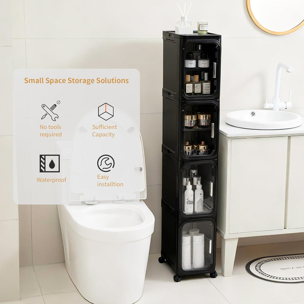 4-Tier Tall Narrow Slim Bathroom Storage Cabinet, Black | Tool Free Assembly,...