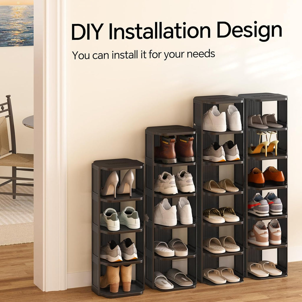 Kitstorack 10 Tiers Stackable Shoe Rack for Closet and Front Door Entrance - Free Standing Plastic Stand, Narrow Tall Vertical Organizer for Small Spaces Storage