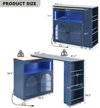 Rolling Kitchen Island Set with Extended Table, LED Lights, Power Outlets, 2 Fluted Glass Doors, a Storage Compartment, Side 3 Open Shelves for Dining Room Kitchens Living Room Navy
