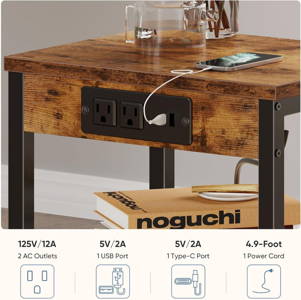 DUMOS 15.7" Small Side Table with Charging Station, End Table with Outlets & USB Ports, 3-Tier Adjustable Storage Nightstand for Living Room, Bedroom, Small Spaces, Record Player Stand, Rustic Brown