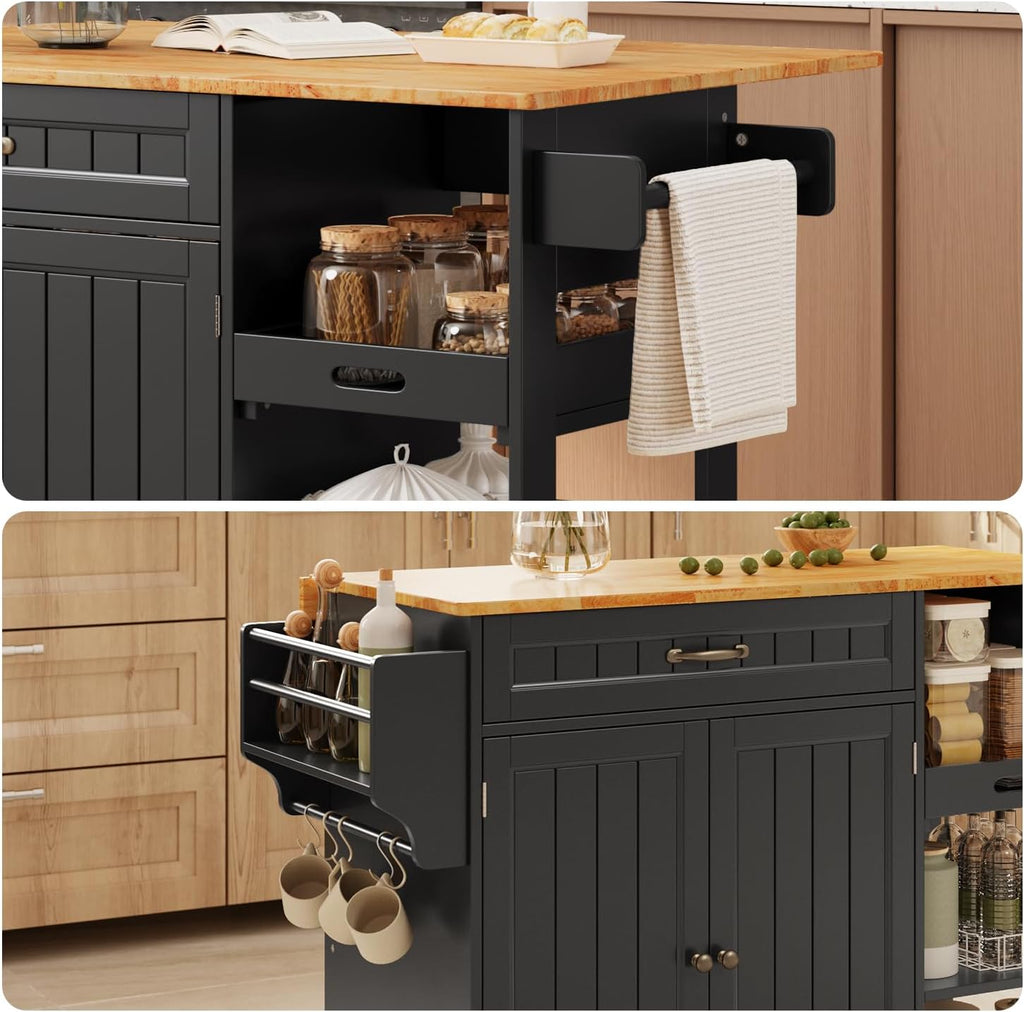 Gizoon 41.7" W Kitchen Island with Storage, Kitchen Island with Drop Leaf | Rolling Dining Cart with Foldable Countertop, 5 Wheels, Refrigerator Door, Adjustable Shelf Spice/Towel Rack, Black