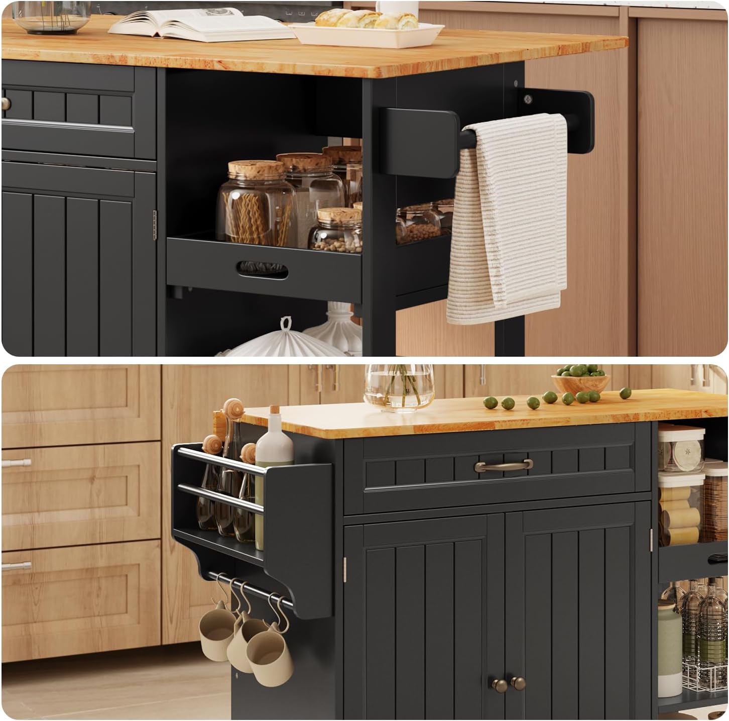 Gizoon 41.7" W Kitchen Island with Storage, Kitchen Island with Drop Leaf | Rolling Dining Cart with Foldable Countertop, 5 Wheels, Refrigerator Door, Adjustable Shelf Spice/Towel Rack, Black