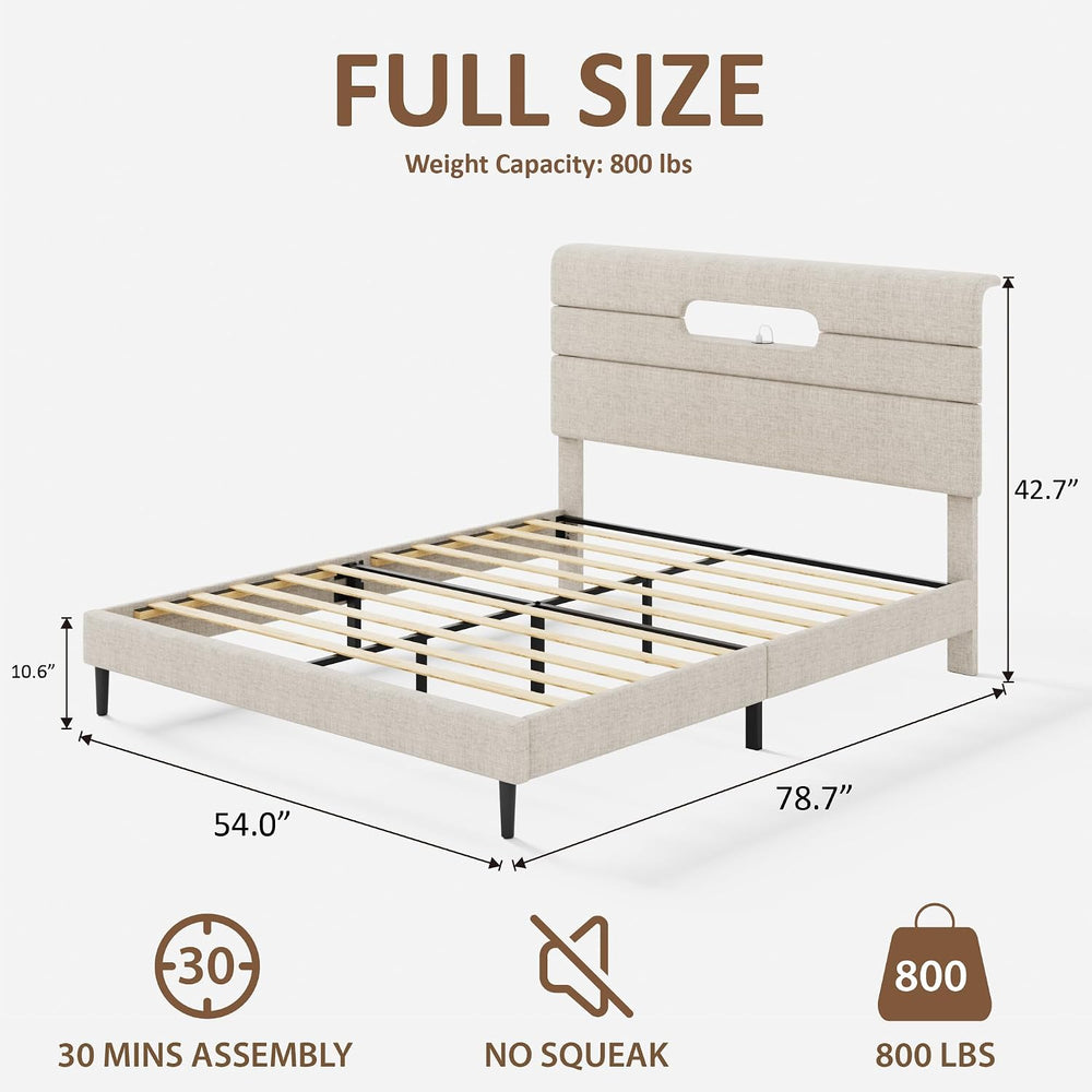 Sismplly Full Bed Frame with Linen Headboard, Platform Bed Frame with Upholst...