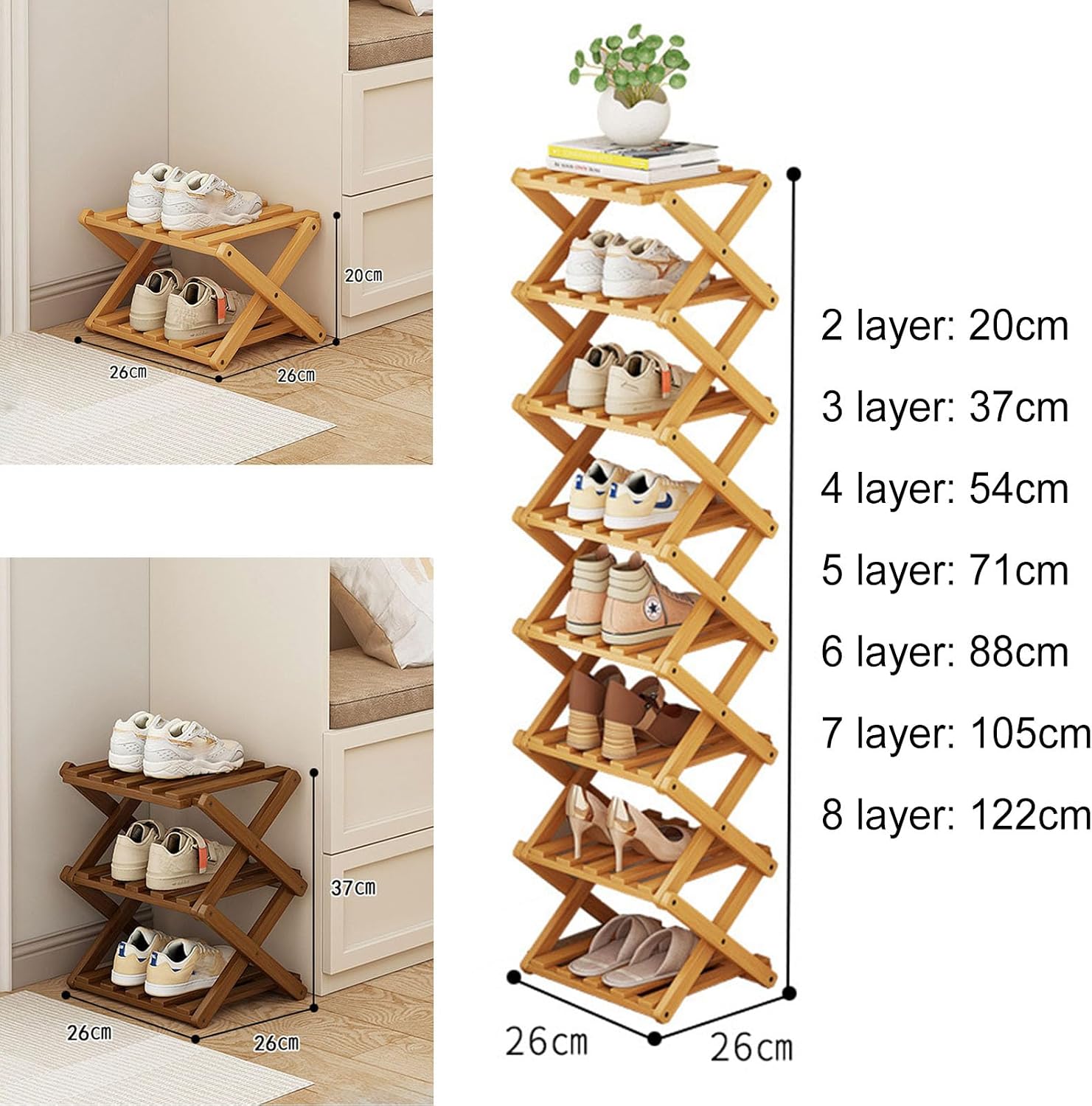YYW Shoe Rack, Foldable Bamboo Shoes Shelf, Freestanding Shoe Storage Organiser for Entryway, Hallway, Bedroom, Closet (Brown, 3 Layers)