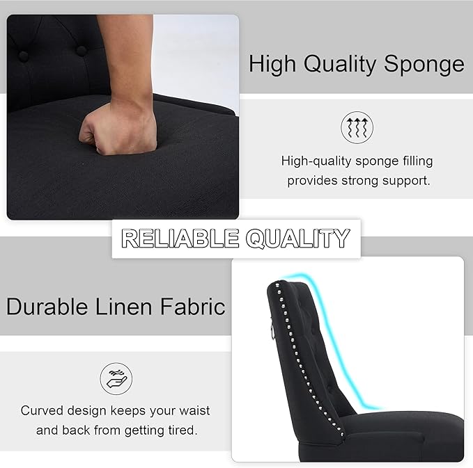 Upholstered Dining Chairs with Arms, Set of 2, Dining Room Chairs with Solid Wood Legs and Tufted Backrest (Black, 2PCS (Regular Size))