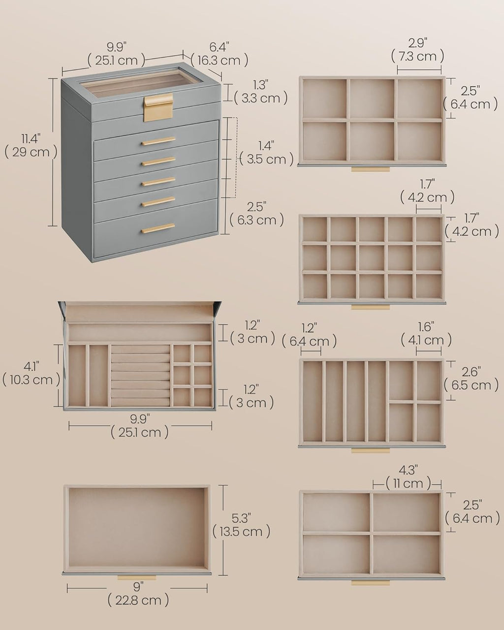 SONGMICS Jewelry Box Organizer with Glass Lid, 6-Layer Jewelry Storage, with 5 Drawers, Modern Style, Christmas Gift, 6.4 x 9.9 x 11.4 Inches, Dove Gray and Gold Color UJBC171G01