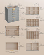 SONGMICS Jewelry Box Organizer with Glass Lid, 6-Layer Jewelry Storage, with 5 Drawers, Modern Style, Christmas Gift, 6.4 x 9.9 x 11.4 Inches, Dove Gray and Gold Color UJBC171G01