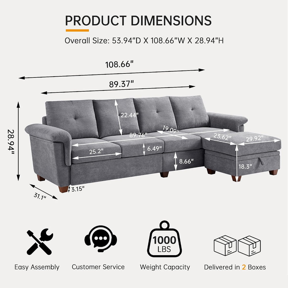108'' Convertible Sectional Sofa with Storage, 4 Seat L Shaped Couch ...