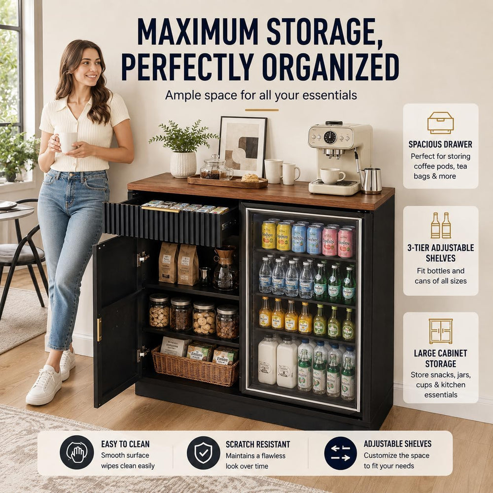 Coffee Bar Cabinet with Fridge Space, Mini Fridge Cabinet with Power Outlet, ...