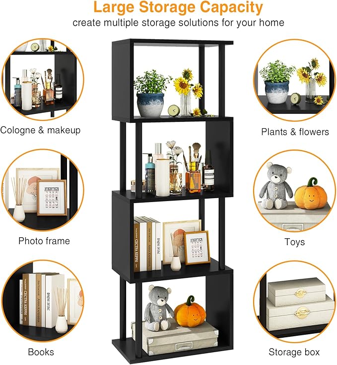 IBUYKE 5-Tier Tall Bookshelf,S-Shaped Geometric Bookcase, Wood Display Shelves with Storage,Modern Bookshelf for Living Room Bedroom, Home Office, Black WBC015B