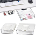 2 Pack Under Desk Hanging Drawer Slide Pull Out, Attachable Clear Acrylic Storage Tray, Easy Hidden Self Adhesive Mount Cabinet Shelf Holder for Tables, Home & Office, Counters, Workstation