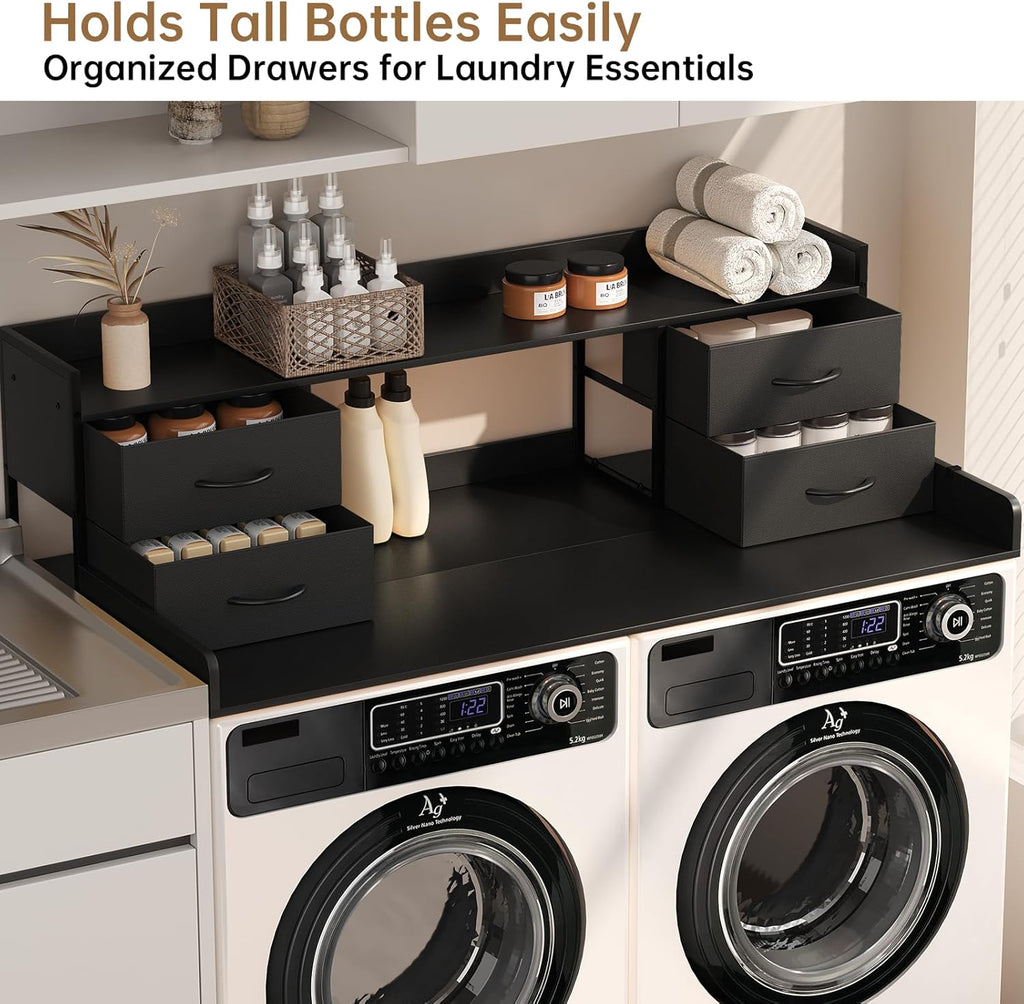 4 Drawers Washer Dryer Countertop with Shelf, 27.5" D x 54" W Laundry Topper with 3.54" High Guardrails and Non-Slip Pads,Extra Storage Organizer for Over Washer and Dryer, Holds 66 Lbs, Black