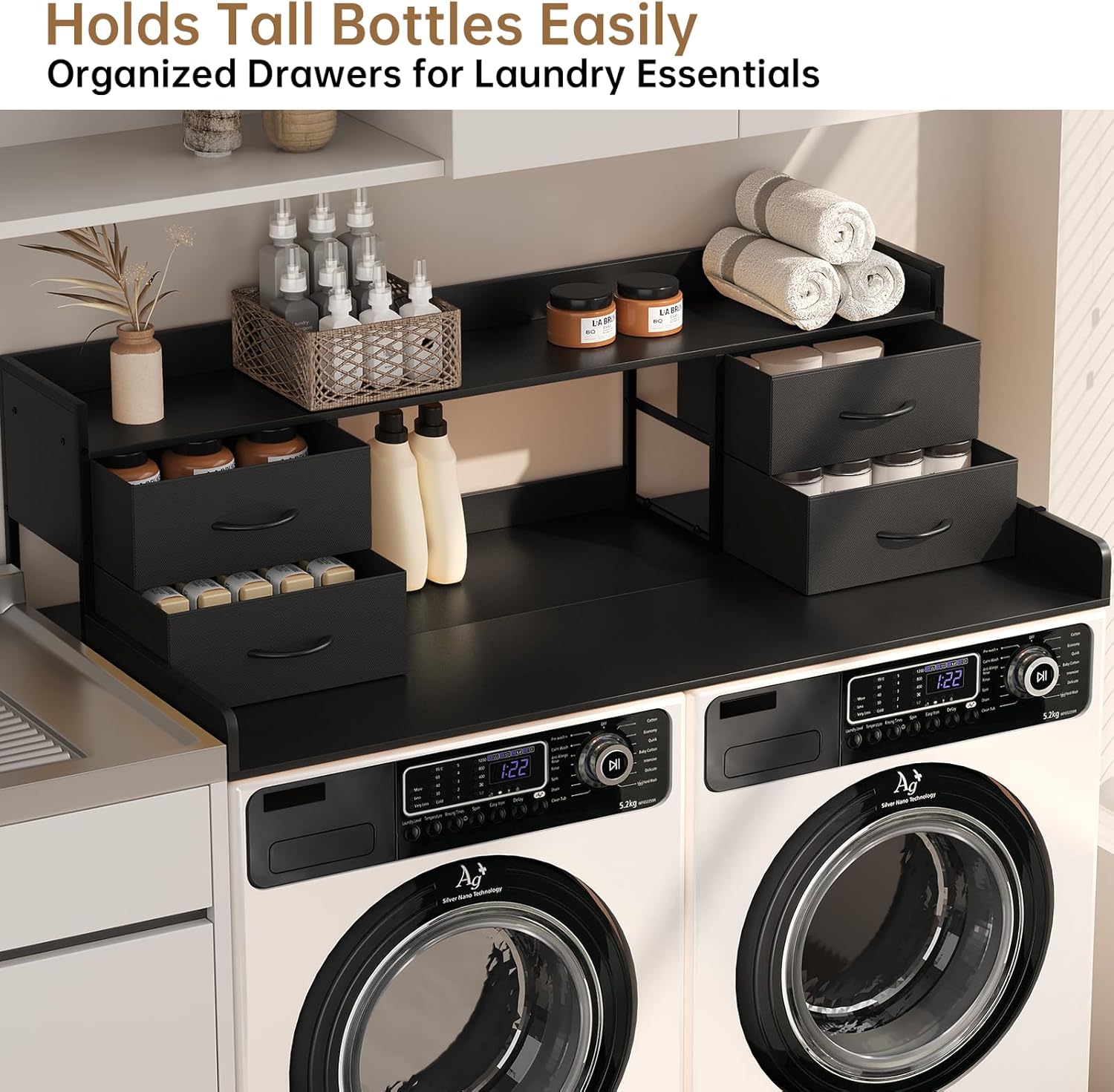 4 Drawers Washer Dryer Countertop with Shelf, 27.5" D x 54" W Laundry Topper with 3.54" High Guardrails and Non-Slip Pads,Extra Storage Organizer for Over Washer and Dryer, Holds 66 Lbs, Black