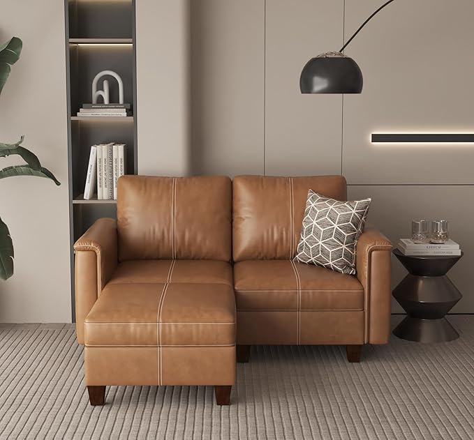 SITJOY 65" Faux Leather Modular Sectional Sofa with Storage, Mid Century Modern Sectional Couches for Living Room, Soft Padded Armrests, 2 Seater L-Shaped Loveseat with Ottoman, Brown