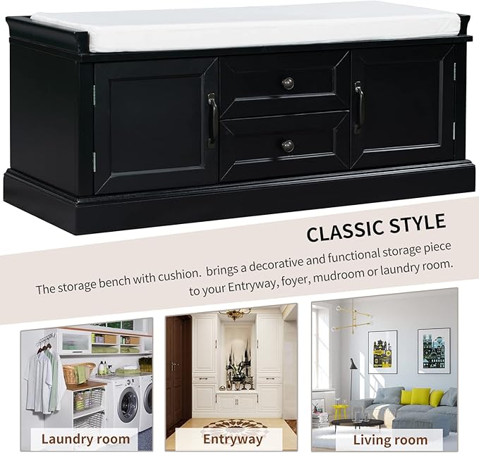 42″ Storage Bench with 2 Drawers and 2 Cabinets，Multipurpose Entryway Shoe Rack W/Removable Cushion，for Living Room Hallway Porch,Black