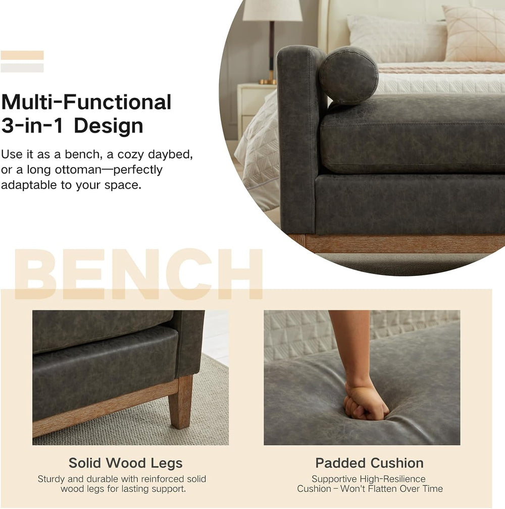 End of Bed Bench for Bedroom, 66.34'' Long King Size Vegan Leather Be...