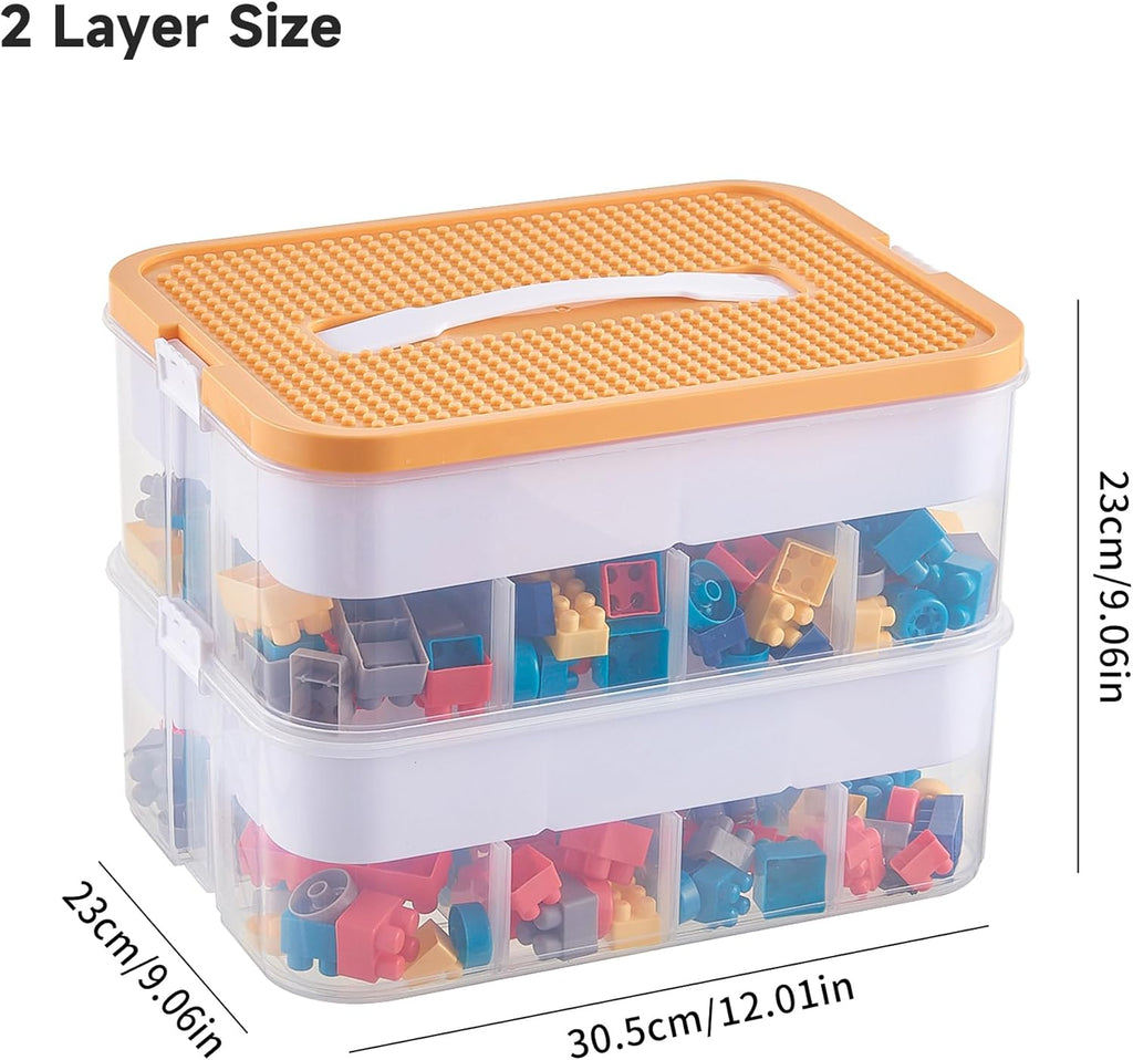 Plastic Stackable Organizer Storage Case with Building Blocks Lids for lego, Storage Containers with Carrying Handle and Adjustable Grid Organizers, 2Layer Orange