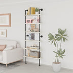 Pipe Shelves, Wall Mounted Wood Metal Industrial Shelves, Ladder Bookshelf for Living Room (White, 10" D x 30" W x 82.5" H)