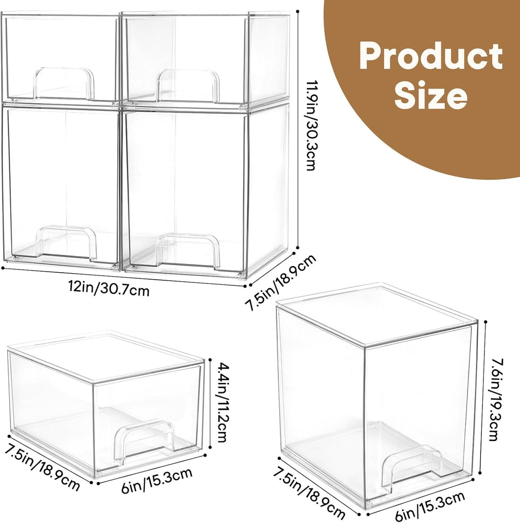 Baby Bottle Organizer, 4 Pack Clear Space-Saving Stackable Drawer with Handle, Baby Bottle Storage Organizer for Countertop and Cabinet