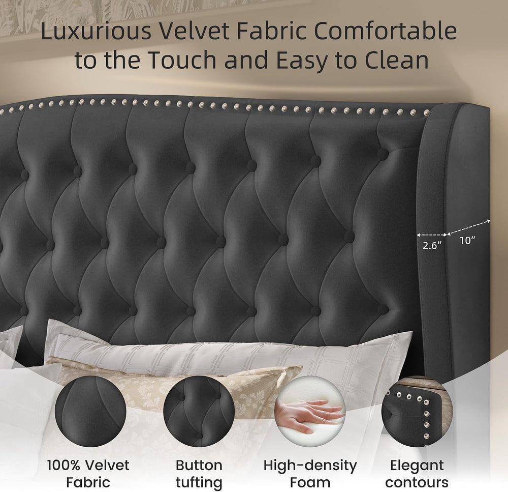 BRELTAM Upholstered Queen Size Bed Frame Velvet Tufted Platform Bed Frame wit...