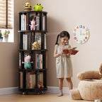 Solid Wood Rotating Bookshelf on Wheels, 4 Tier, Round Revolving Bookcase, 360° Spinning Book Shelf Tower for Kids, Narrow Rolling Bookshelves for Small Space, Corner, Bedroom, Office, Black