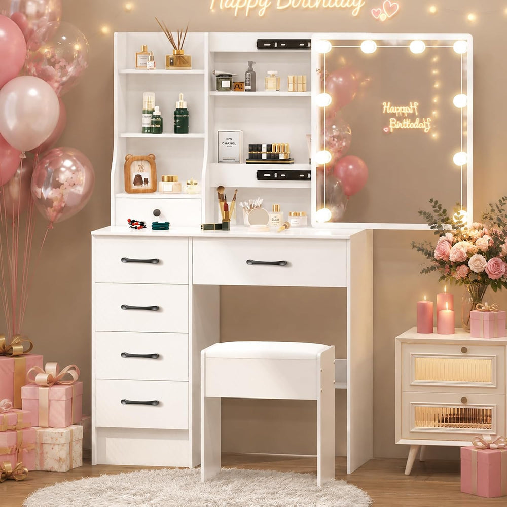Vanity Desk with Mirror and Lights, 6 Drawers 6 Shelves 1 Stool & Sildeab...