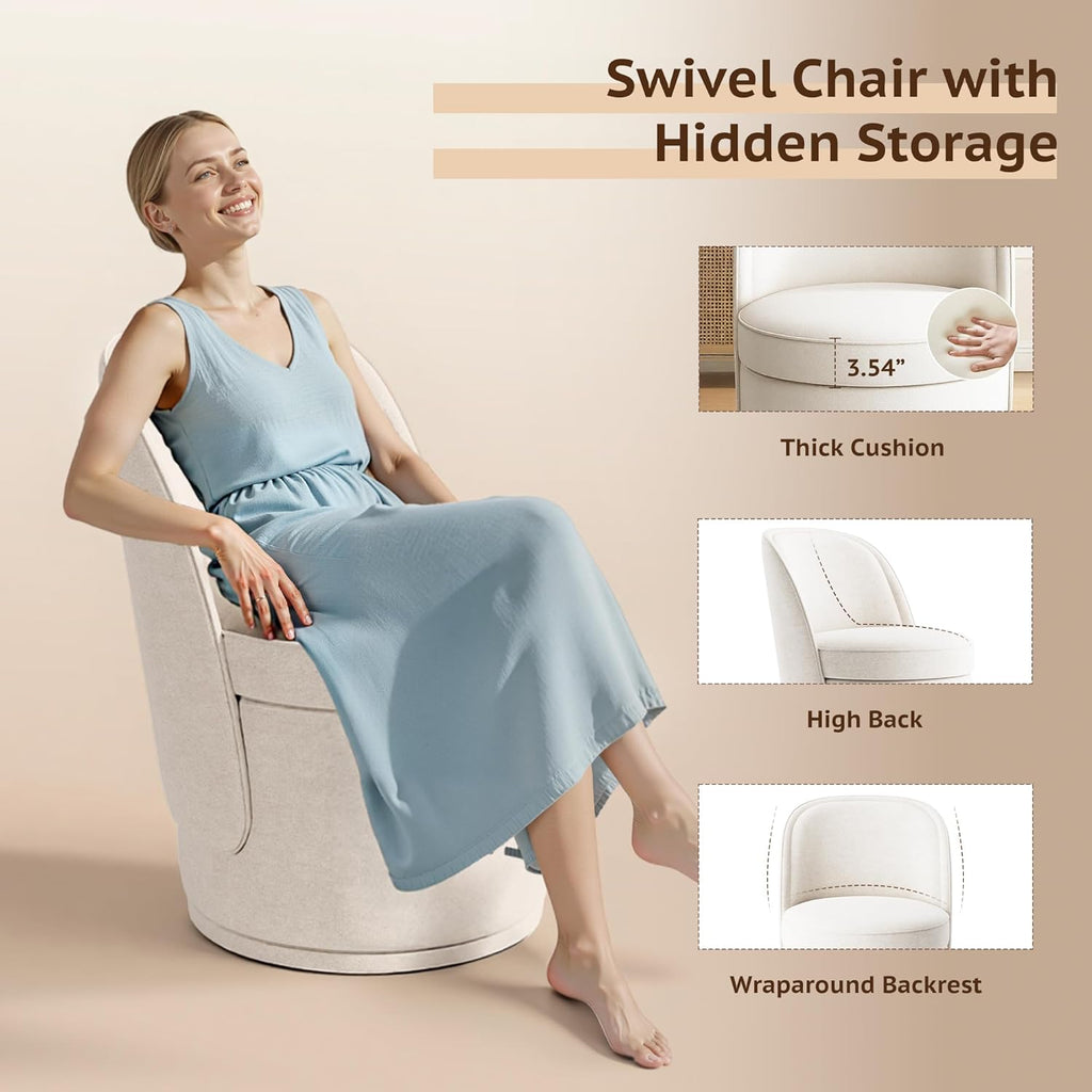MALOL Swivel Accent Chair, 360° Swivel Chair with Hidden Storage, Modern Small Barrel Swivel Armchair for Living Room/Bedroom, Beige