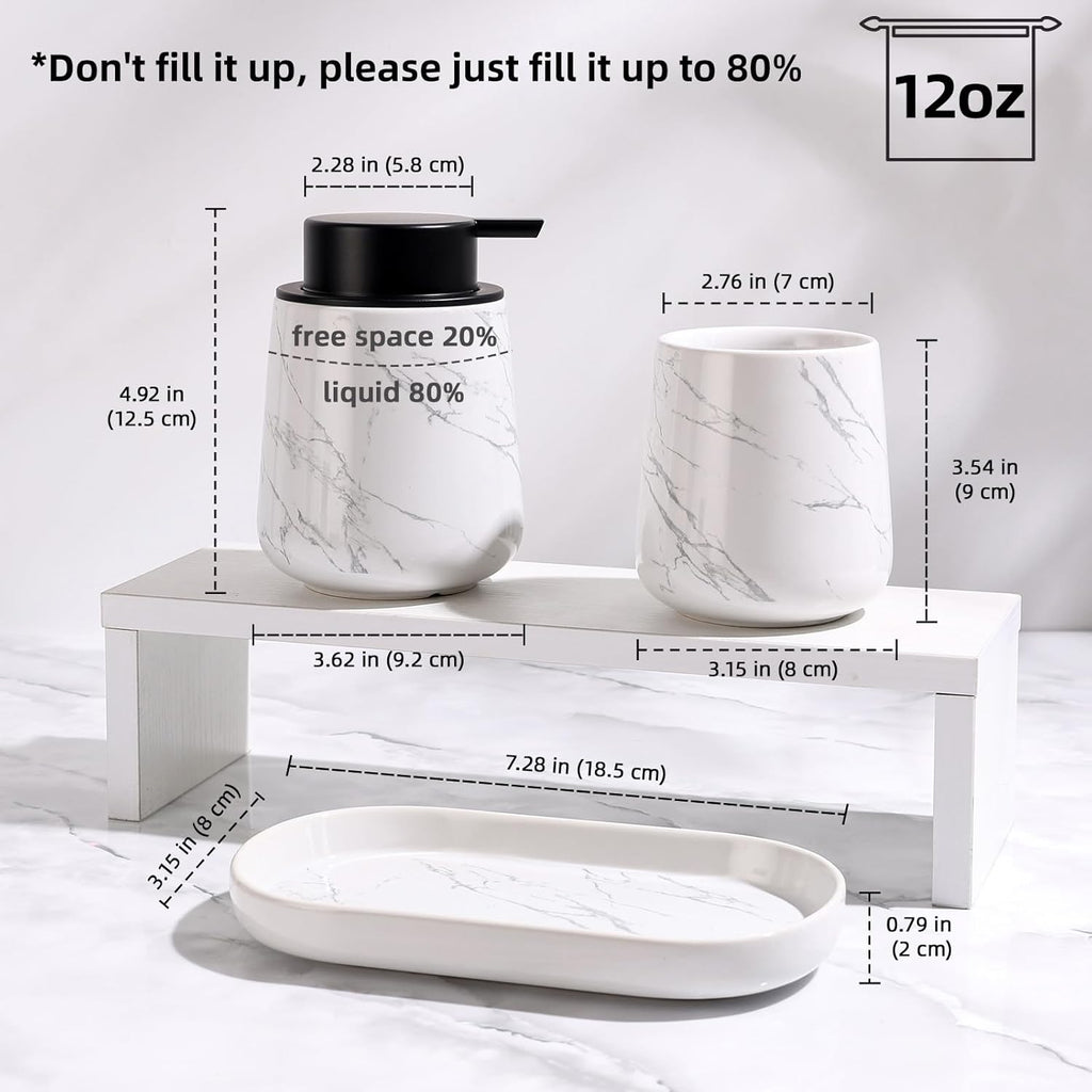 BosilunLife Bathroom Accessories Set 3 pcs - Bathroom Ceramic Foaming Soap Dispenser Set Farmhouse Marble Bathroom Decor, Foam Soap Dispenser and Toothbrush Holder/Tumbler Cup, Tray
