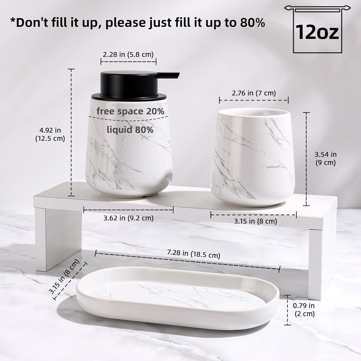BosilunLife Bathroom Accessories Set 3 pcs - Bathroom Ceramic Foaming Soap Dispenser Set Farmhouse Marble Bathroom Decor, Foam Soap Dispenser and Toothbrush Holder/Tumbler Cup, Tray
