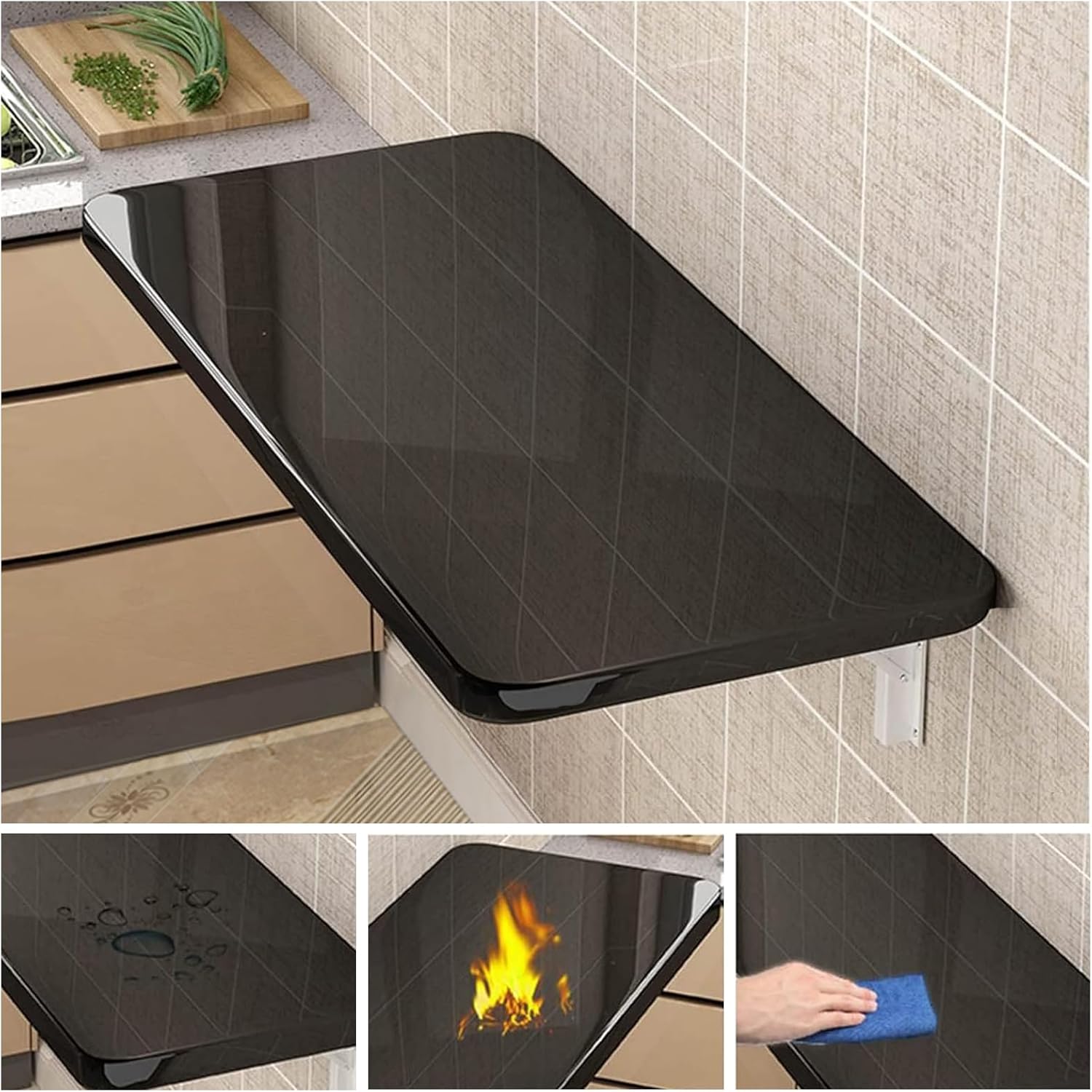 Wall Mounted Folding Table,Black Floating Desk for Small Spaces,Stainless Steel Bracket Laundry Folding Table,Wall Folding Desk,Home Bars and Dining Establishments(100x50cm/39.4"×19.7")