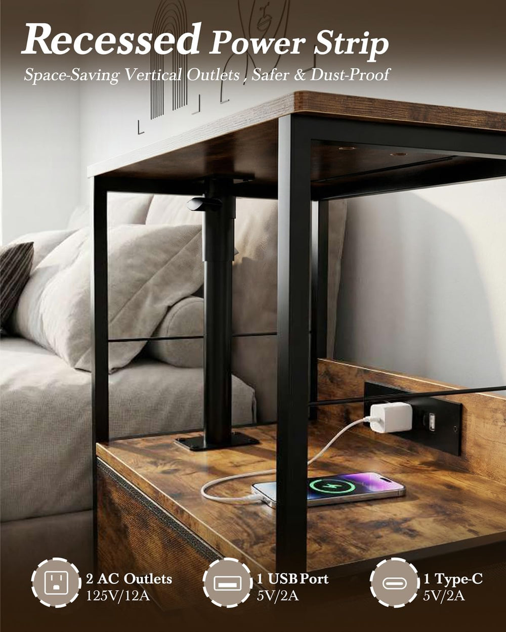 Faesun Swivel Lift Top Nightstand with Charging Station, Rolling Side Table f...
