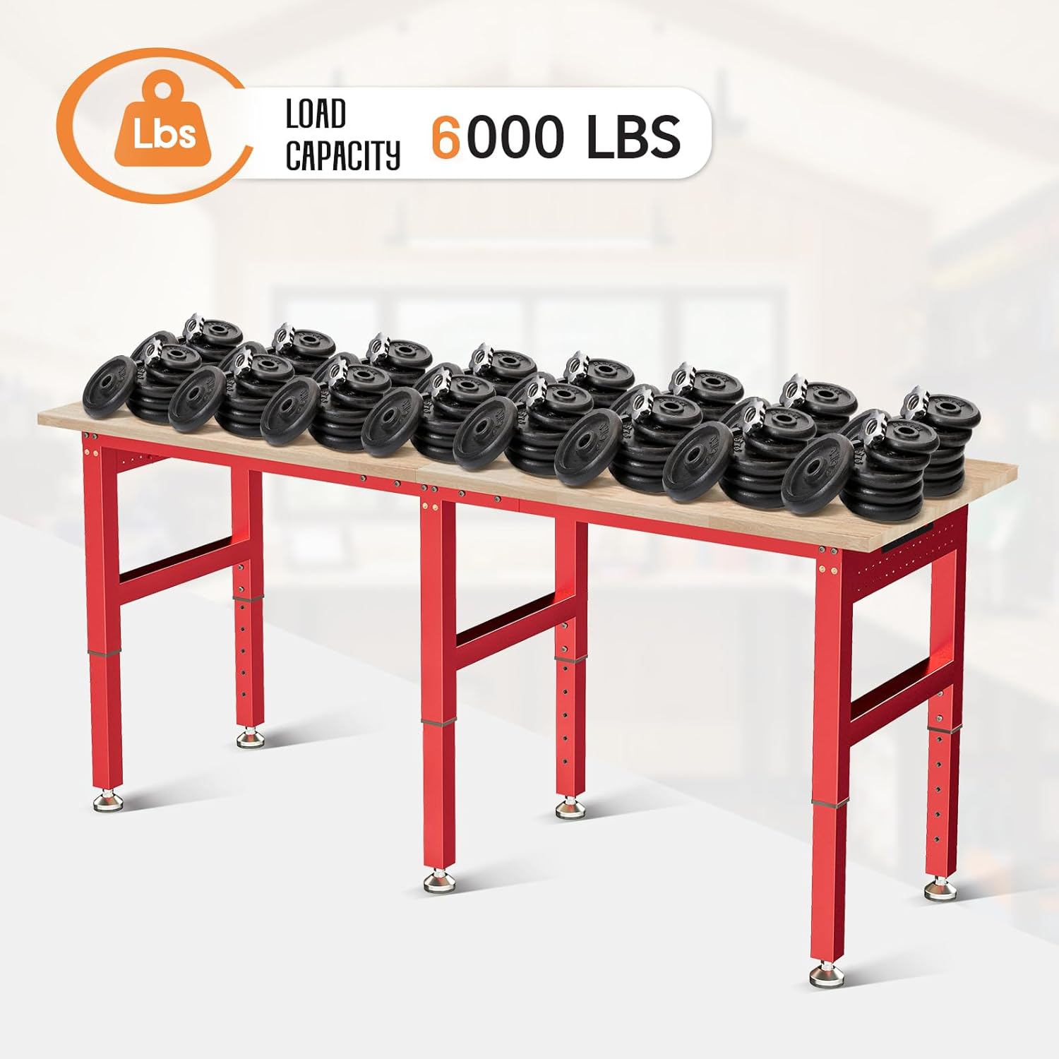SPECRAFT 96" Red Adjustable Heavy Duty Workbench with 4 AC Outlet and 2 USB Ports Power Outlets, 6000 Lbs Capacity, Rubber Wood Top for Garage, Workshop, Office