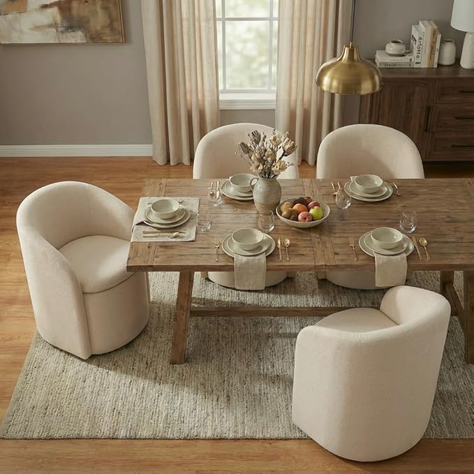Upholstered Dining Chairs with Casters, No Assembly Rolling Modern Dining Room Chairs with Hidden Storage & Barrel Backrest, Accent Chair for Bedroom, Living Room, Dressing, Sand, Set of 2