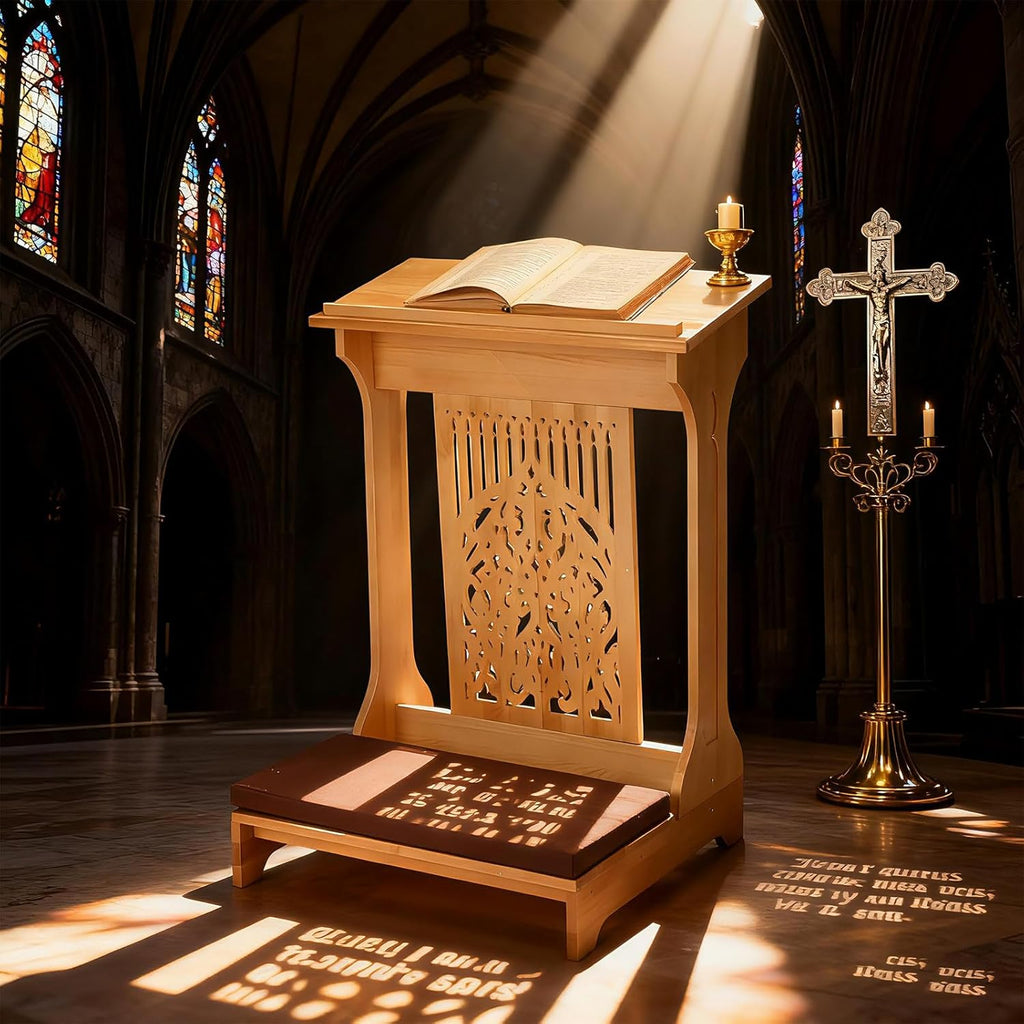 Colingmill Tree of Life Church Prayer Bench Stool Wooden Padded Kneeler with Shelf and Cushion Prayer Kneeler for Home Church Religious Gifts, 24 x 22 x 32 inches (Medium Oak Color)