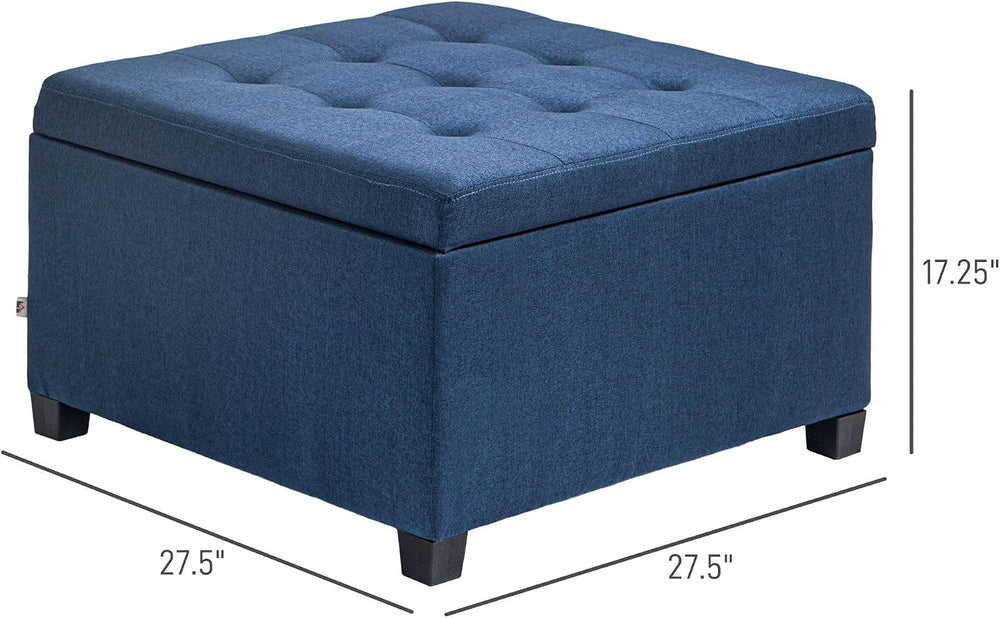 Round Storage Button Tufted Flip Top Ottoman in Classic Blue Velvet with Comf...