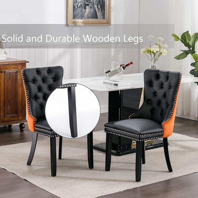 Dining Chairs Set of 4, Upholstered Dining Room Chairs with Back Ring Pull Trim and Solid Wooden Legs, Modern Tufted Kitchen Chairs Perfect for Dining Room, Black Pu Leather Splicing Orange Velvet