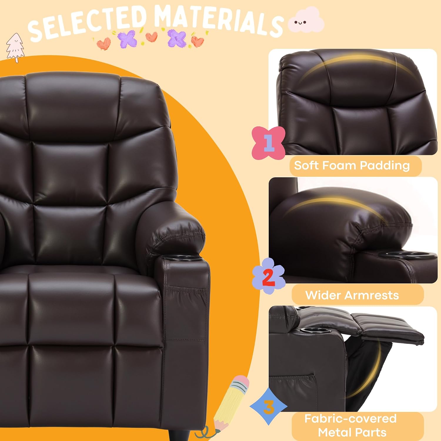 Donut Larger Kids Reclining Chair PU Leather Recliner Sofa Push Back Lounge Children Toddler Boys Girls Ages 3-12 with Dual Cup Holders and 4 Pockets