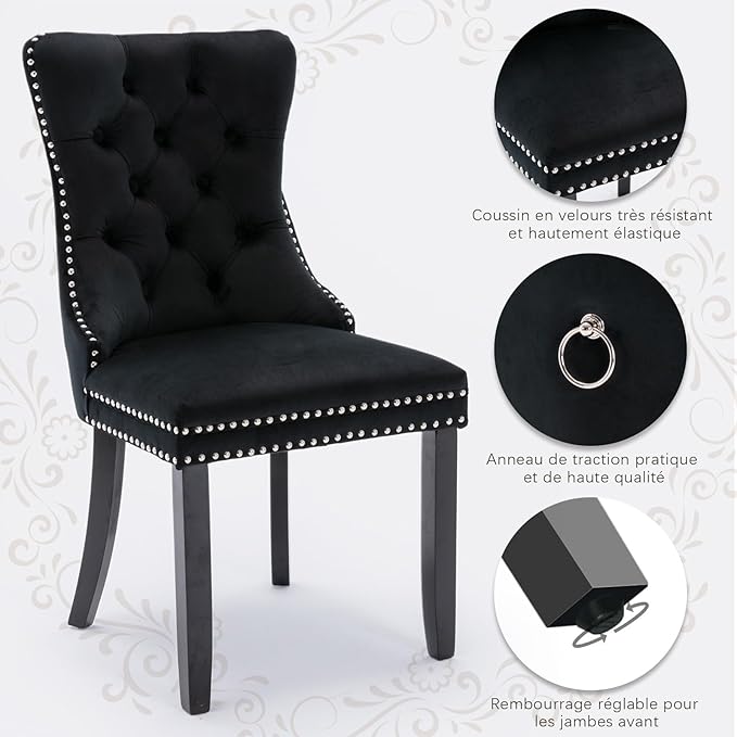 Velvet Upholstered Dining Chairs Set of 8, Modern Style Kitchen Side Chairs with Nailhead Trim and Wood Legs,Metal Pulling Ring for Dining Room Living Room(Black)